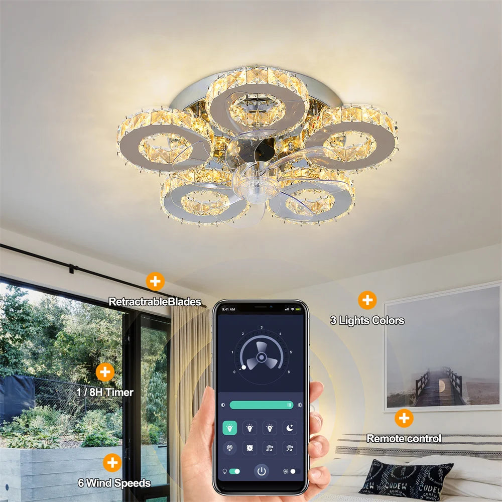 Luxury Crystal Ceiling Fan Lamp - LED APP & Remote Control with Invisible Blades