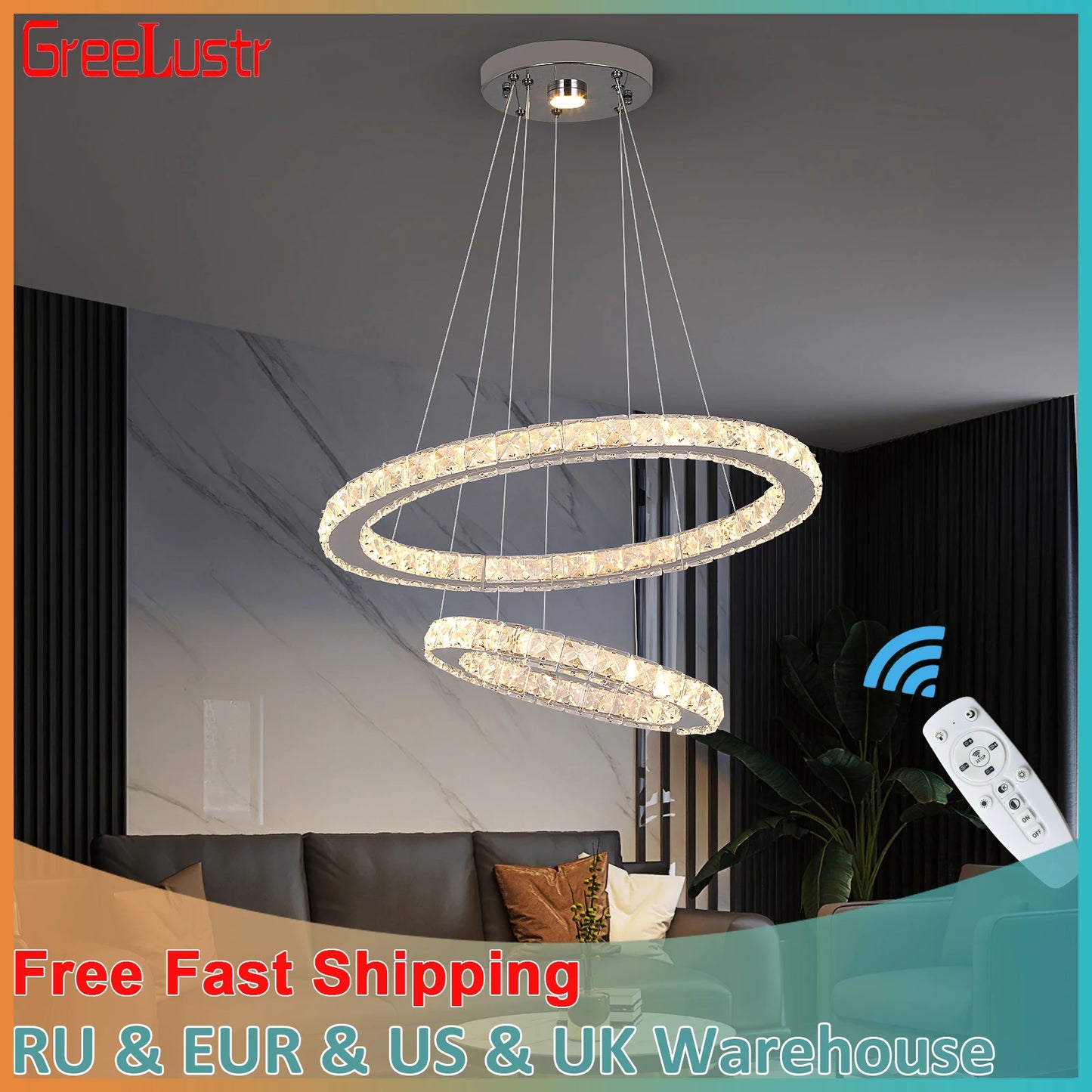 Modern LED Pendant Light - Luxury Crystal Rings Dimmable Chandelier