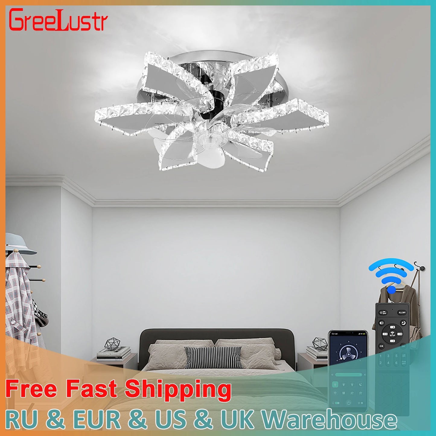 Luxury Crystal Ceiling Fan Lamp - LED APP & Remote Control with Invisible Blades