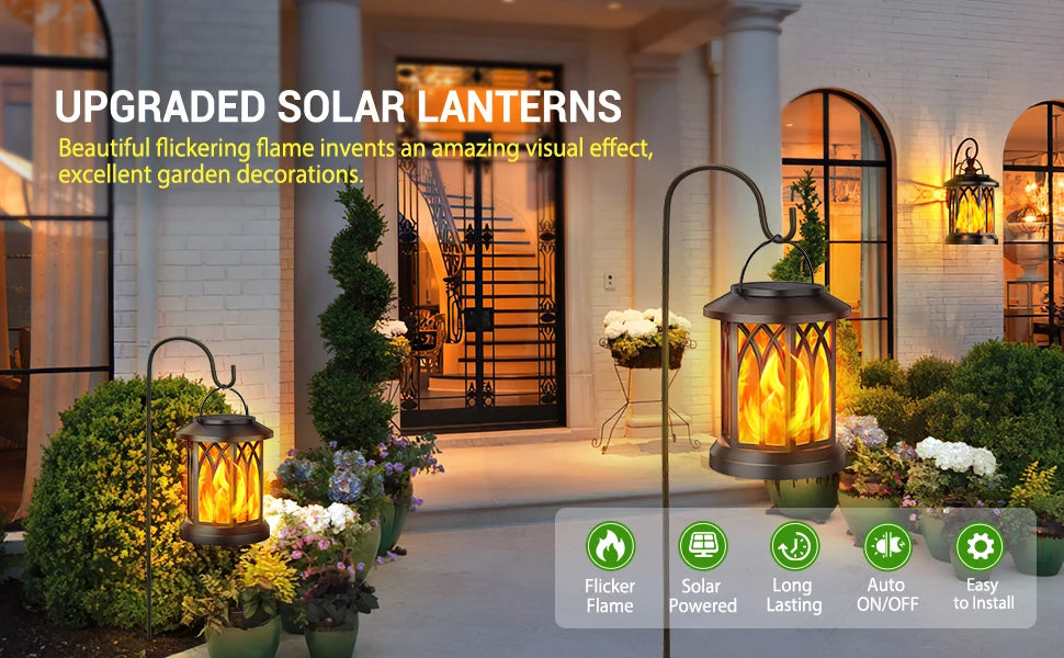 KPSTEK 2/4 Pack Upgraded Flickering Flame Solar Lanterns – Outdoor Solar-Powered Decorative Lights for Yard, Garden, Patio, and Holiday Decor (Black)