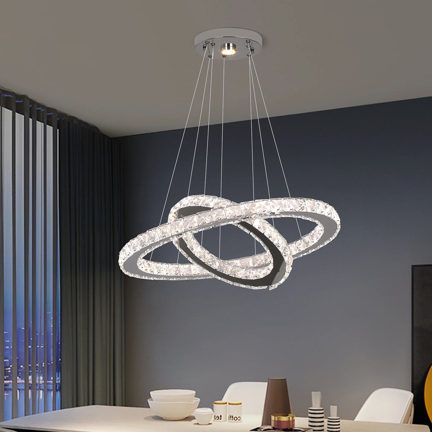 Modern LED Pendant Light - Luxury Crystal Rings Dimmable Chandelier