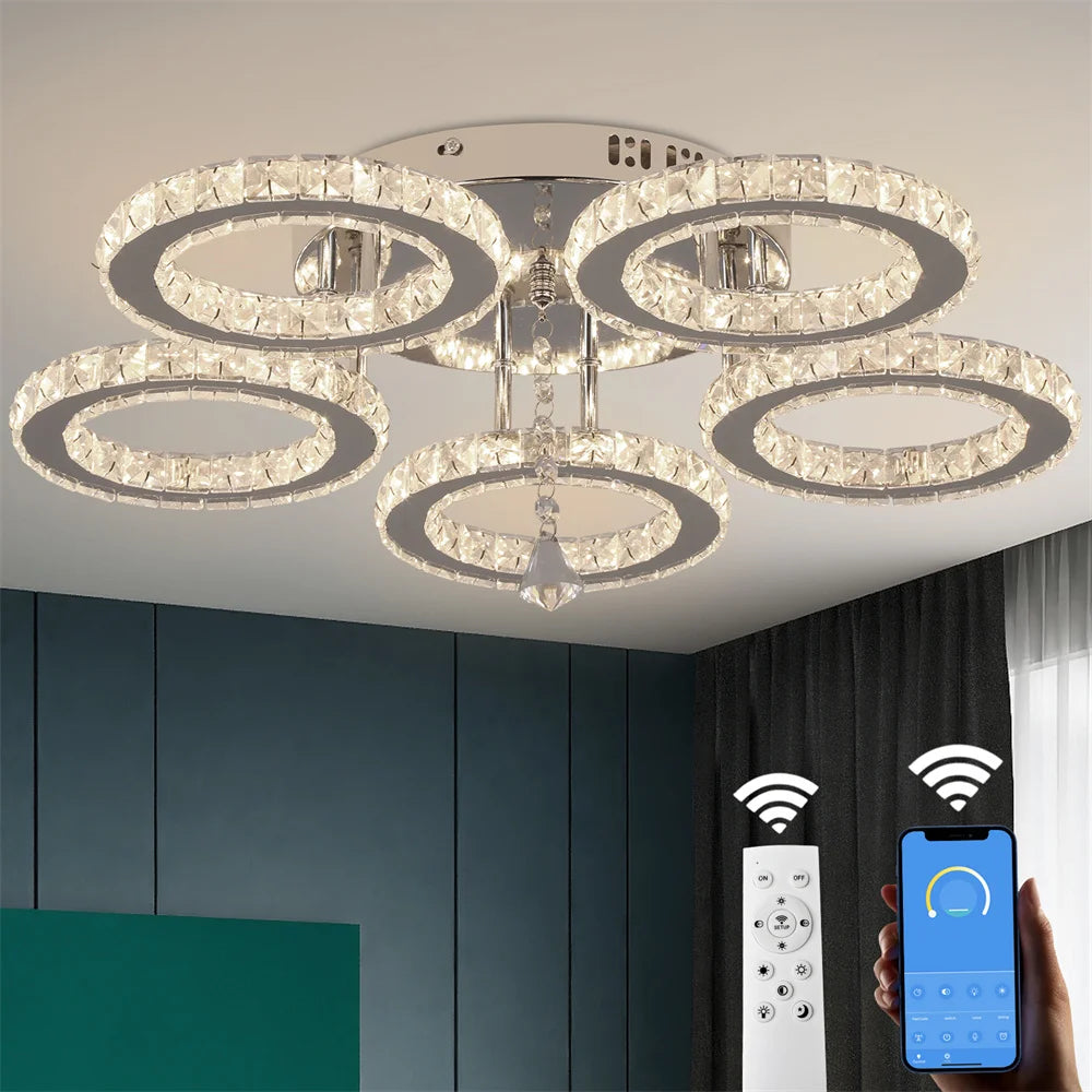 Dimmable App-Controlled Modern Crystal Ring Chandelier