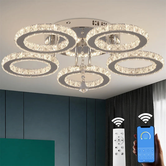 Dimmable App-Controlled Modern Crystal Ring Chandelier