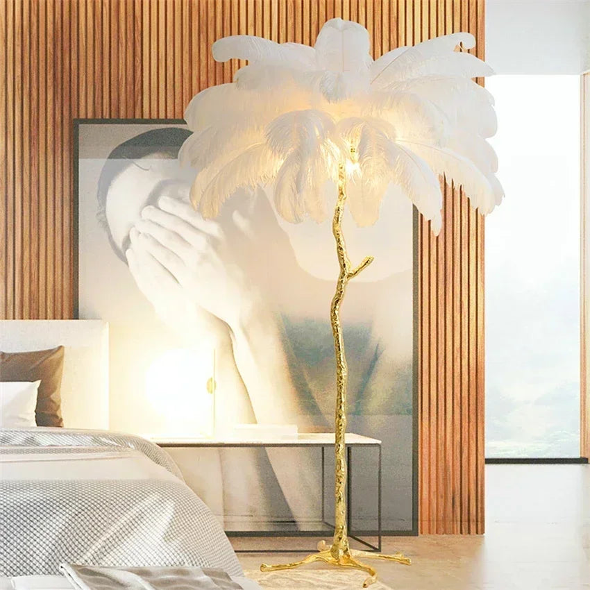 Latest White Feather LED Floor Lamp – Modern Ostrich Feather Standing Lamp for Living Room, Bedroom, and Sofa Room Decor