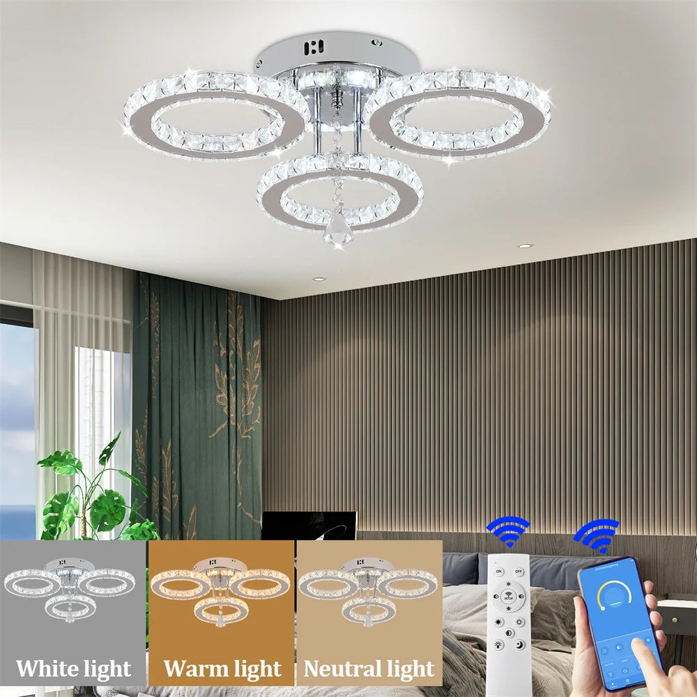 Dimmable App-Controlled Modern Crystal Ring Chandelier